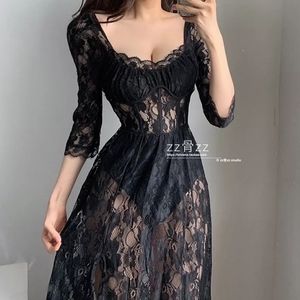 Corset Style High Slit Sheer Lace Midi Dress